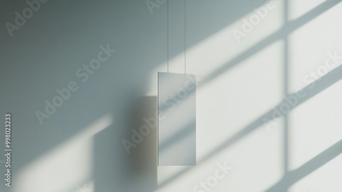 hanging rectangular signs cast shadows on a wall bathed in sunlight. 