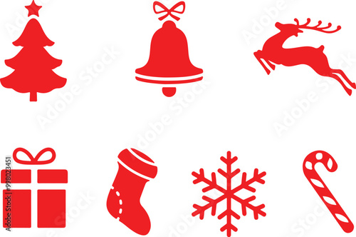 Icon set of christmas, xmas, ornament, decoration, decor, Santa Claus, tree, gift, celebration. Red icons, flat vector illustrations. Isolated on white, transparent background