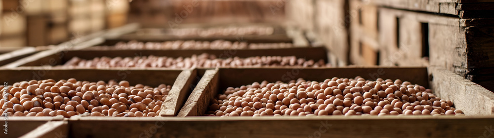 Horseradish root harvested in wooden boxes in a warehouse. Natural organic fruit abundance. Healthy and natural food storing and shipping concept.