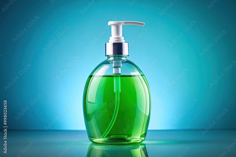 Fisheye pump classic bottle with green gel inside cosmetic container on light blue background Fisheye pump classic bottle with green gel inside cosmetic container on light blue background