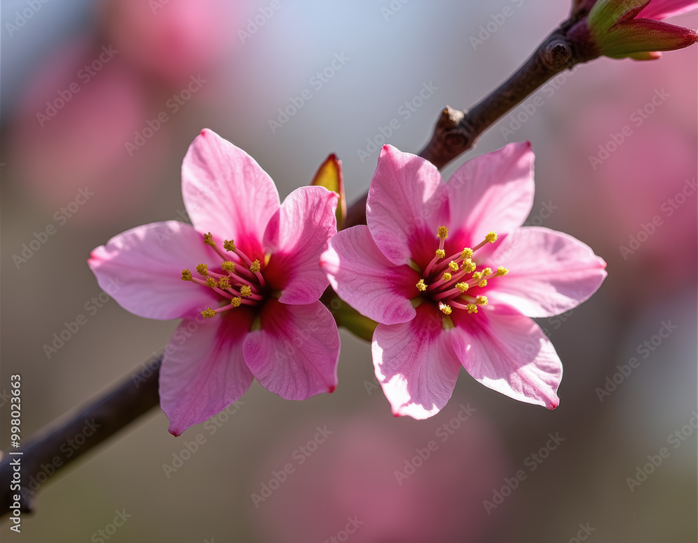 Obraz premium 春の花のクローズアップ、鮮やかなピンクの花びらと黄色い雄しべ