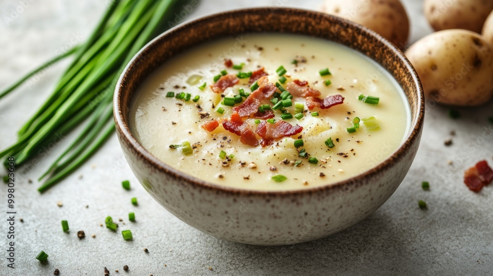 Creamy potato and leek winter soup, garnished with crispy bacon and fresh chives, isolated on a light grey background rich and savory Creamy potato and leek winter soup, garnished with crispy bacon and fresh chives, isolated on a light grey background rich and savory