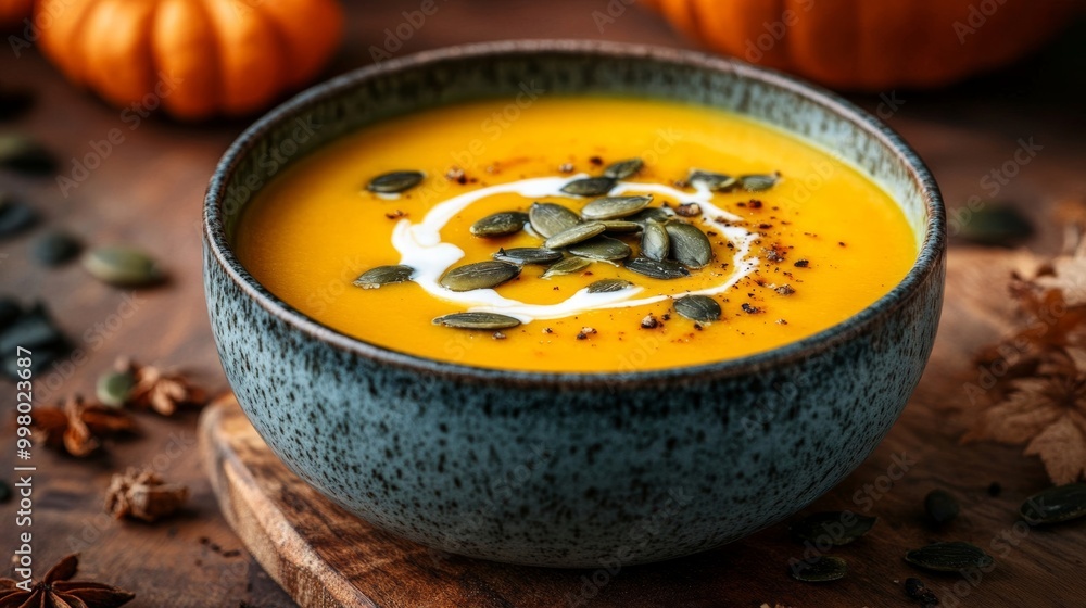 Creamy pumpkin soup in a rustic ceramic bowl garnished with roasted pumpkin seeds and a swirl of cream, placed on a wooden table background cozy fall comfort Creamy pumpkin soup in a rustic ceramic bowl garnished with roasted pumpkin seeds and a swirl of cream, placed on a wooden table background cozy fall comfort