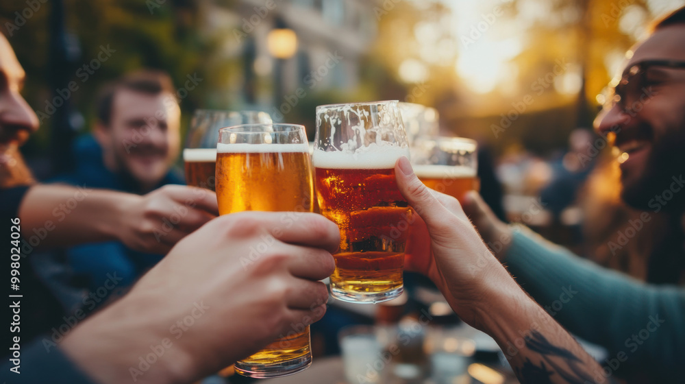 Cheers resonate as friends gather, raising their glasses filled with golden beer under warm sunset. atmosphere is lively and joyful, capturing moment of celebration and camaraderie Cheers resonate as friends gather, raising their glasses filled with golden beer under warm sunset. atmosphere is lively and joyful, capturing moment of celebration and camaraderie