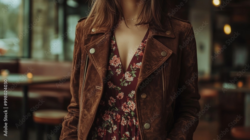 Dark brown suede jacket paired with a floral midi dress and ankle boots on a dimly lit restaurant background rustic date night style Dark brown suede jacket paired with a floral midi dress and ankle boots on a dimly lit restaurant background rustic date night style