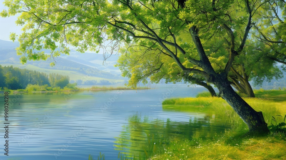 Tranquil Lakeside Landscape with Lush Greenery Tranquil Lakeside Landscape with Lush Greenery