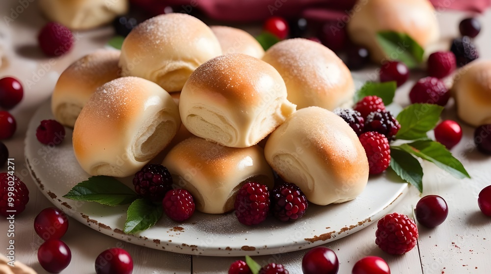 Freshly baked dessert bun rolls served with a side of vibrant berries.
Freshly baked dessert bun rolls served with a side of vibrant berries.
