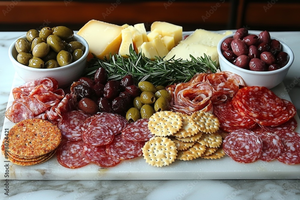 Antipasto platter with prosciutto crudo or jamon, ham, salami, cheese, olives and grapes. Elegant charcuterie board with a variety of cured meat. Antipasto platter with prosciutto crudo or jamon, ham, salami, cheese, olives and grapes. Elegant charcuterie board with a variety of cured meat.