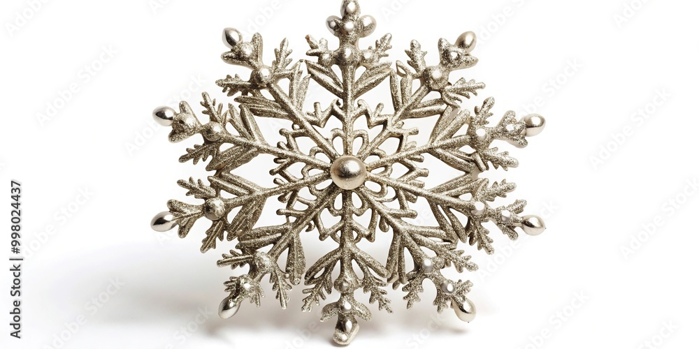 Fisheye silver snowflake ornament on white background as a detailed winter holiday decoration Fisheye silver snowflake ornament on white background as a detailed winter holiday decoration