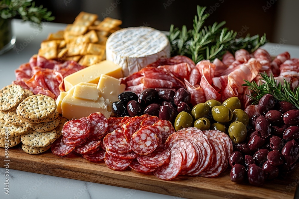Antipasto platter with prosciutto crudo or jamon, ham, salami, cheese, olives and grapes. Elegant charcuterie board with a variety of cured meat. Antipasto platter with prosciutto crudo or jamon, ham, salami, cheese, olives and grapes. Elegant charcuterie board with a variety of cured meat.