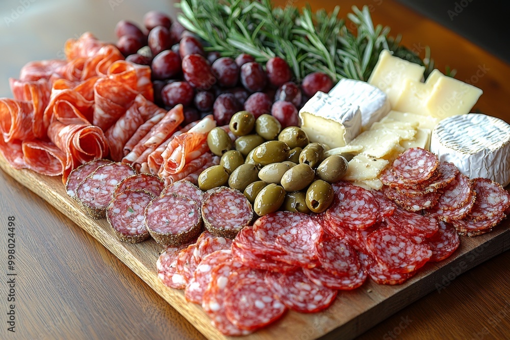 Antipasto platter with prosciutto crudo or jamon, ham, salami, cheese, olives and grapes. Elegant charcuterie board with a variety of cured meat. Antipasto platter with prosciutto crudo or jamon, ham, salami, cheese, olives and grapes. Elegant charcuterie board with a variety of cured meat.