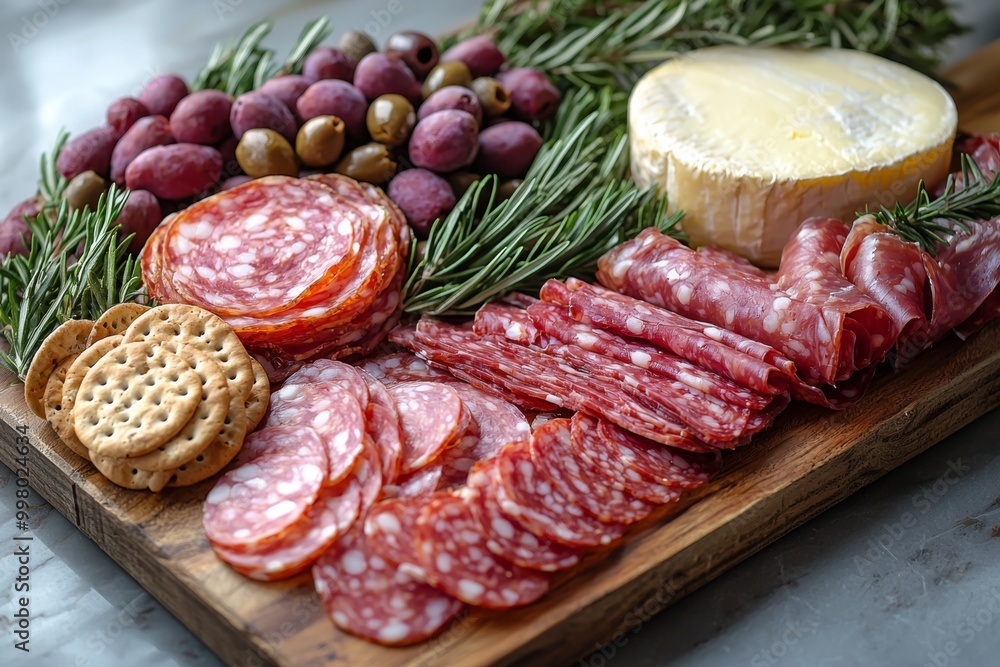 Antipasto platter with prosciutto crudo or jamon, ham, salami, cheese, olives and grapes. Elegant charcuterie board with a variety of cured meat. Antipasto platter with prosciutto crudo or jamon, ham, salami, cheese, olives and grapes. Elegant charcuterie board with a variety of cured meat.