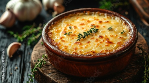 French onion soup with golden-brown cheese crust, surrounded by fresh thyme and garlic, placed on a dark wooden surface background warm and inviting 