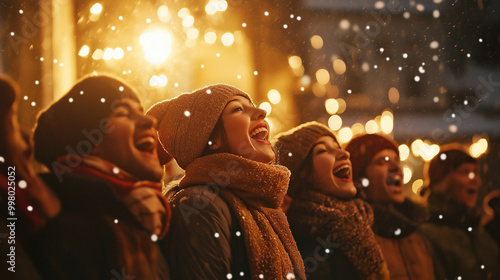 Group of people singing Christmas songs outside, snow falling, warmly lit houses and twinkling lights, festive energy 