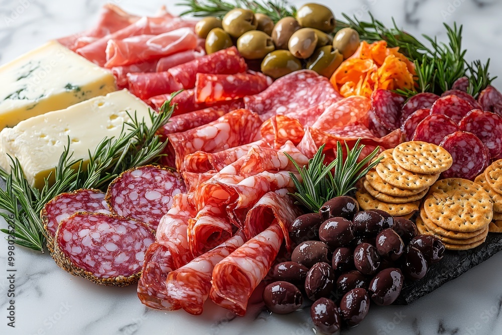 Antipasto platter with prosciutto crudo or jamon, ham, salami, cheese, olives and grapes. Elegant charcuterie board with a variety of cured meat. Antipasto platter with prosciutto crudo or jamon, ham, salami, cheese, olives and grapes. Elegant charcuterie board with a variety of cured meat.