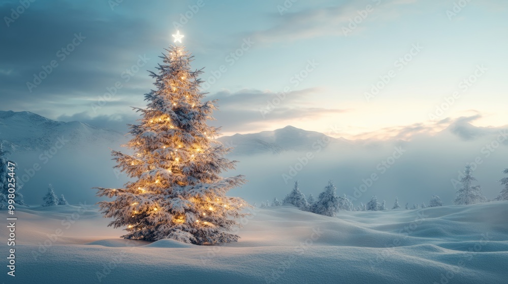 Isolated snowy Christmas tree glowing with white lights, surrounded by untouched snow, bright wintery sky, space for text Isolated snowy Christmas tree glowing with white lights, surrounded by untouched snow, bright wintery sky, space for text