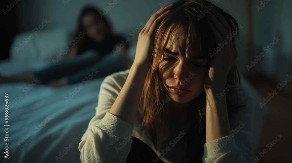 Young woman sitting on the floor in dark room, holding her head in distress, illustrating mental health issues Young woman sitting on the floor in dark room, holding her head in distress, illustrating mental health issues