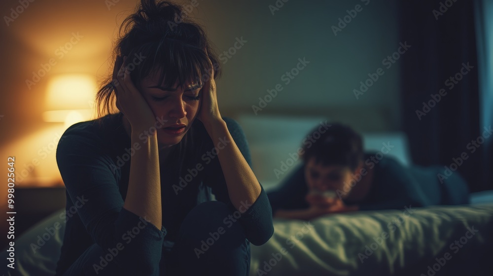 Two women experiencing emotional distress in a dimly lit bedroom setting, suitable for relationship and mental health themes Two women experiencing emotional distress in a dimly lit bedroom setting, suitable for relationship and mental health themes
