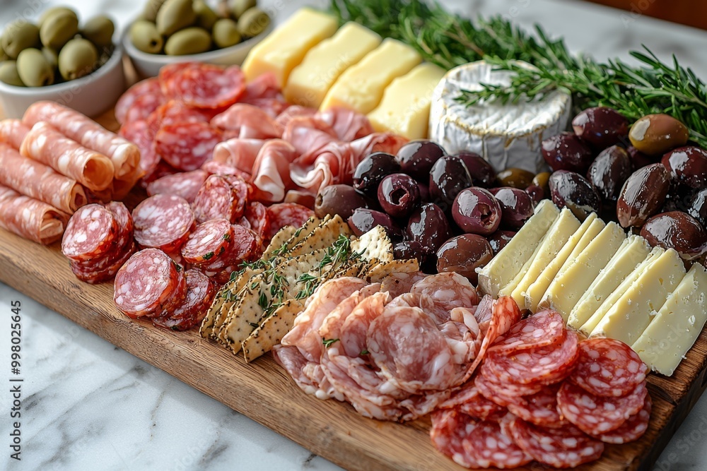 Antipasto platter with prosciutto crudo or jamon, ham, salami, cheese, olives and grapes. Elegant charcuterie board with a variety of cured meat. Antipasto platter with prosciutto crudo or jamon, ham, salami, cheese, olives and grapes. Elegant charcuterie board with a variety of cured meat.