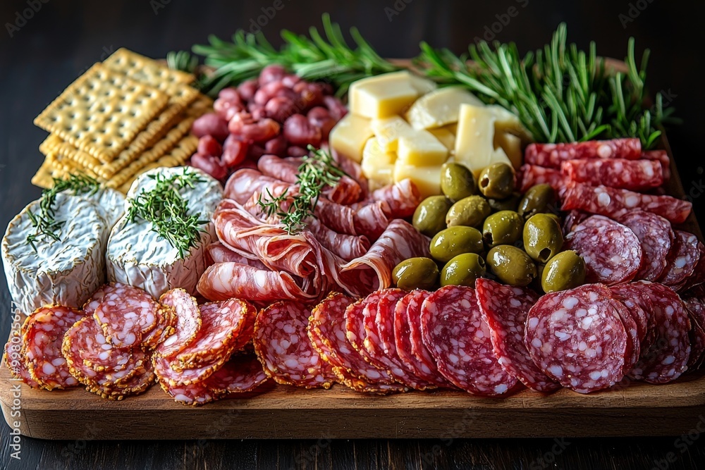 Antipasto platter with prosciutto crudo or jamon, ham, salami, cheese, olives and grapes. Elegant charcuterie board with a variety of cured meat. Antipasto platter with prosciutto crudo or jamon, ham, salami, cheese, olives and grapes. Elegant charcuterie board with a variety of cured meat.