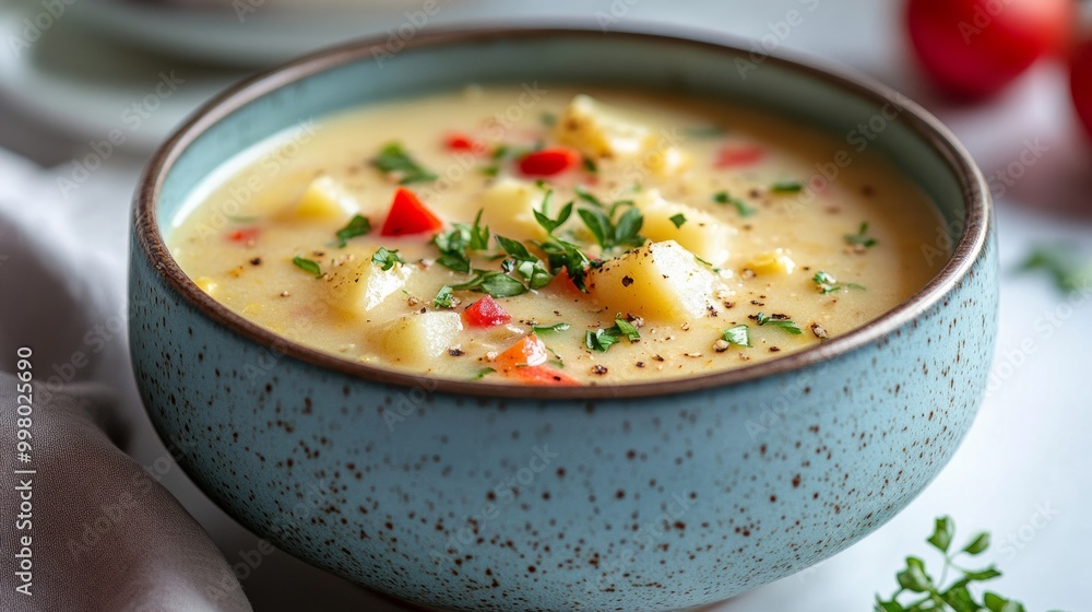 Light corn chowder with baby potatoes and diced red bell peppers, served in a pastel blue bowl on a white kitchen counter summery and fresh Light corn chowder with baby potatoes and diced red bell peppers, served in a pastel blue bowl on a white kitchen counter summery and fresh