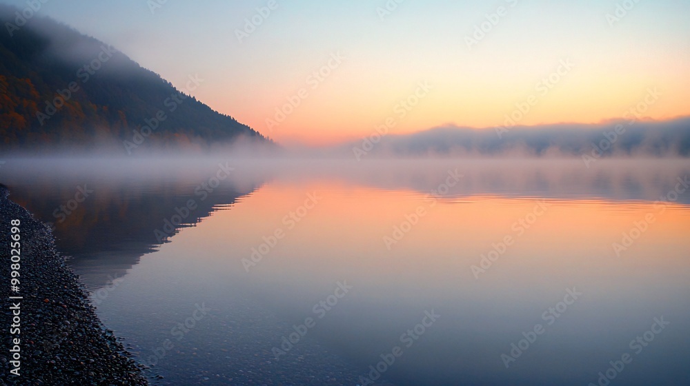 Fototapeta premium A misty sunrise over a calm lake, with a mountain range in the background, reflecting on the still water.
