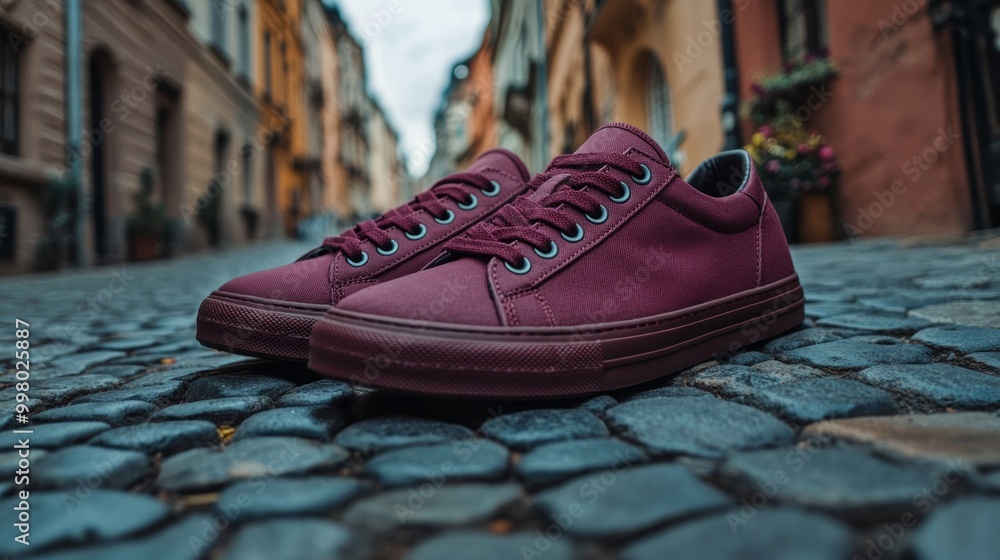 Maroon canvas sneakers with rubber soles placed on a cobblestone street background casual and stylish fall footwear Maroon canvas sneakers with rubber soles placed on a cobblestone street background casual and stylish fall footwear