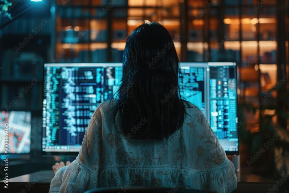 Asian woman codes AI projects remotely from home. Asian woman codes AI projects remotely from home.