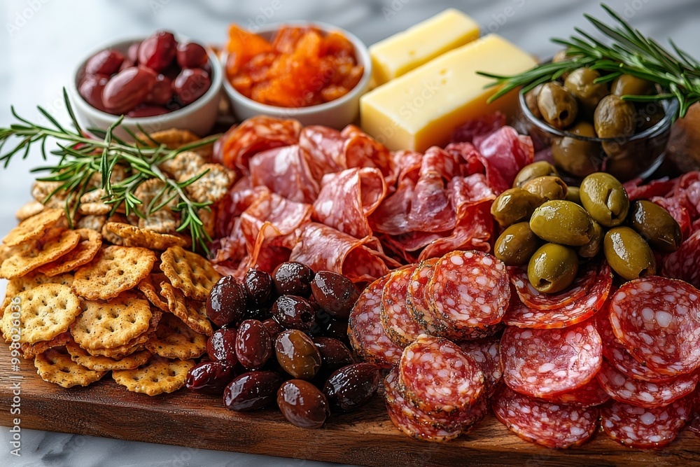 Antipasto platter with prosciutto crudo or jamon, ham, salami, cheese, olives and grapes. Elegant charcuterie board with a variety of cured meat. Antipasto platter with prosciutto crudo or jamon, ham, salami, cheese, olives and grapes. Elegant charcuterie board with a variety of cured meat.
