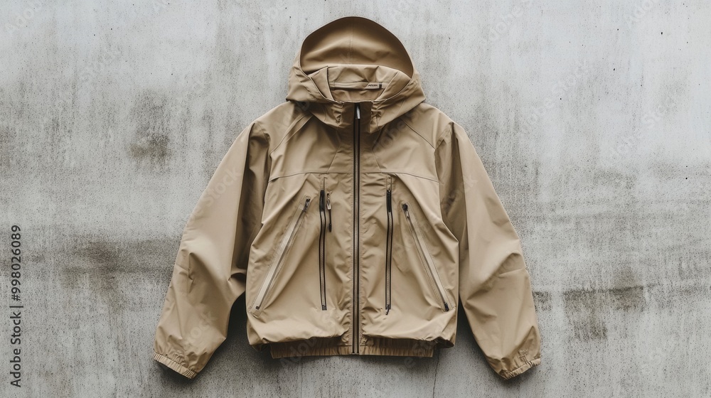 Fototapeta premium Minimalist beige rain jacket with hidden zippers and sleek silhouette placed on a smooth concrete surface modern design 