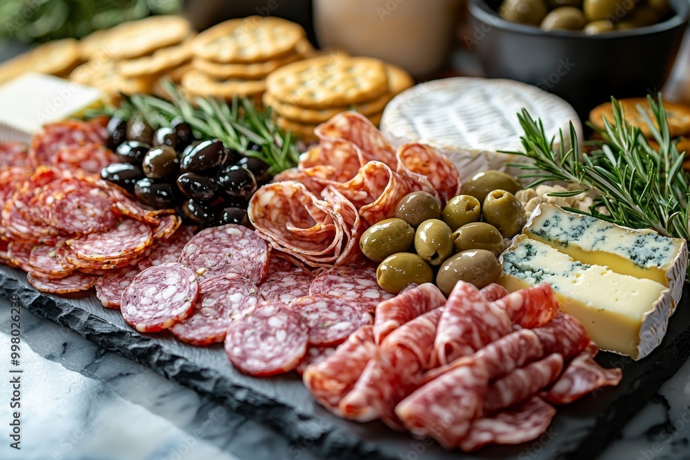 Antipasto platter with prosciutto crudo or jamon, ham, salami, cheese, olives and grapes. Elegant charcuterie board with a variety of cured meat. Antipasto platter with prosciutto crudo or jamon, ham, salami, cheese, olives and grapes. Elegant charcuterie board with a variety of cured meat.