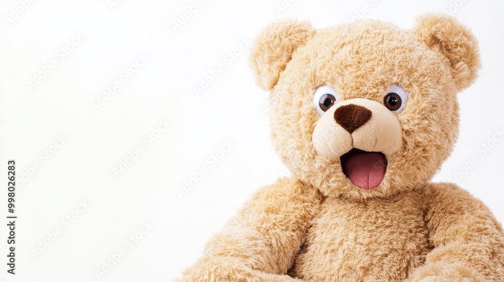 Cute teddy bear with a surprised expression and space for text on the left side Cute teddy bear with a surprised expression and space for text on the left side