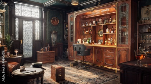 Home office with a Prohibition-era theme, featuring a hidden speakeasy bar, vintage liquor cabinets, and 1920s decor Mysterious and stylish photo