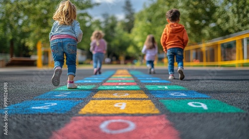 A Group of Children Enjoying Hopscotch on a Sunny Day at School Playground