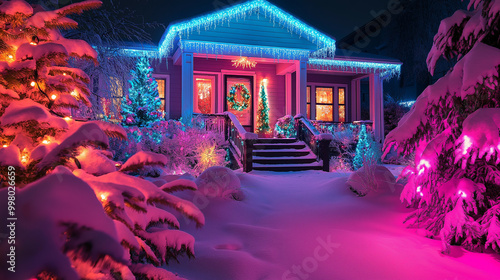 Outdoor house decorated with twinkling Christmas lights, snowy front yard, vibrant colors, festive night display 