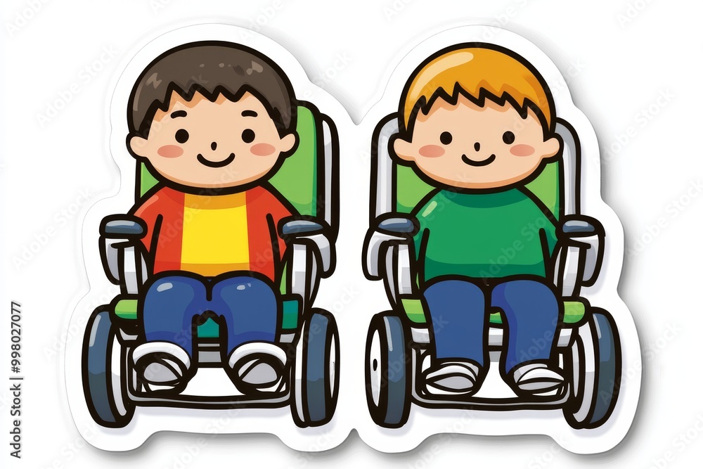 Two cartoon children in wheelchairs smiling representing inclusivity mobility and happiness in a playful child friendly illustration style Two cartoon children in wheelchairs smiling representing inclusivity mobility and happiness in a playful child friendly illustration style