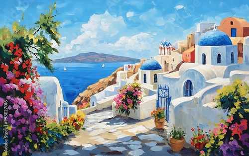 Sun-Drenched Greek Island with White Buildings and Blue Domes by Aegean Sea photo