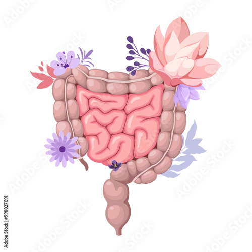 Human intestines decorated with flowers. Digestive health. Vector illustration on a white background.