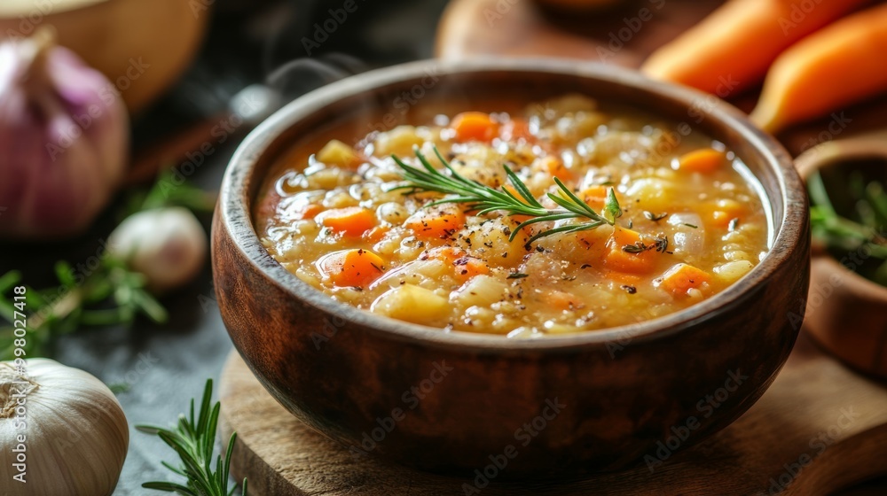 Roasted root vegetable winter soup with parsnips, carrots, and turnips, garnished with rosemary, placed on a cozy kitchen counter rustic and filling Roasted root vegetable winter soup with parsnips, carrots, and turnips, garnished with rosemary, placed on a cozy kitchen counter rustic and filling