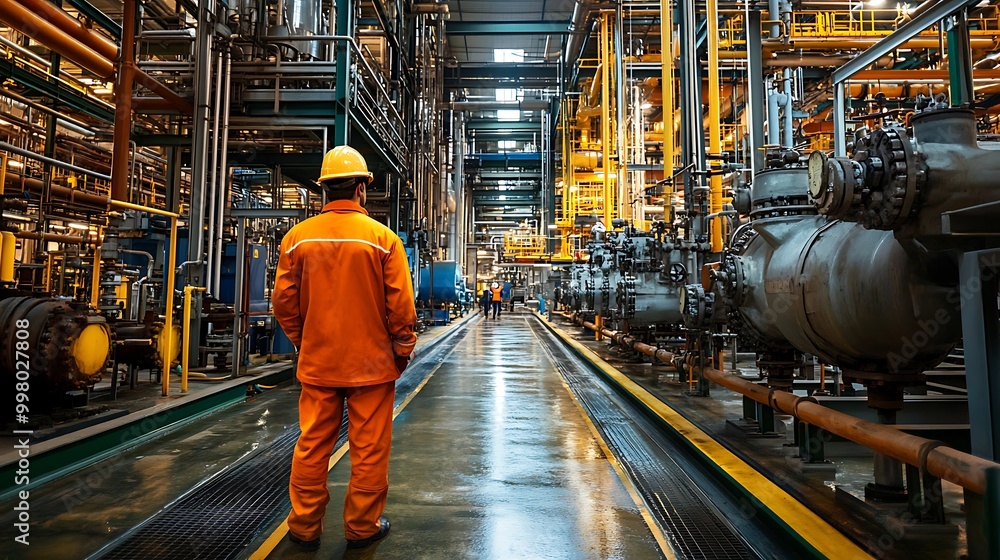 A detailed view of an automated fire suppression system in an oil refinery, showing high-pressure sprinkler heads installed above machinery and along pipe racks. A detailed view of an automated fire suppression system in an oil refinery, showing high-pressure sprinkler heads installed above machinery and along pipe racks.