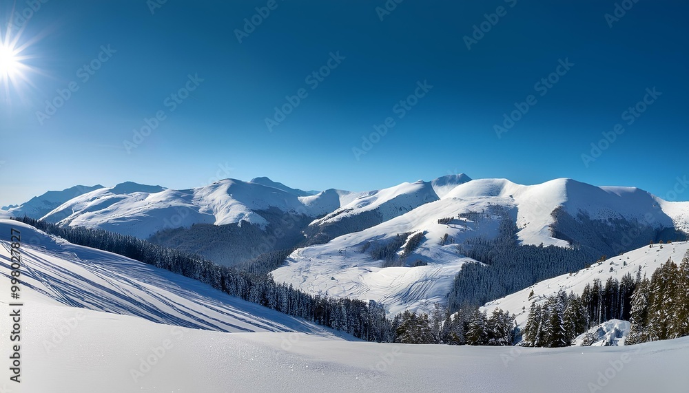 winter landscape with a view of a deserted ski resort in mountains covered by snow and hills winter landscape with a view of a deserted ski resort in mountains covered by snow and hills
