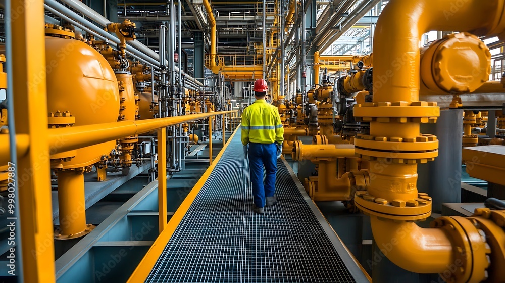 A detailed view of an automated fire suppression system in an oil refinery, showing high-pressure sprinkler heads installed above machinery and along pipe racks. A detailed view of an automated fire suppression system in an oil refinery, showing high-pressure sprinkler heads installed above machinery and along pipe racks.