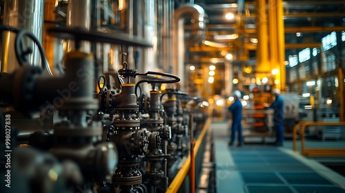  A detailed view of an automated fire suppression system in an oil refinery, showing high-pressure sprinkler heads installed above machinery and along pipe racks.