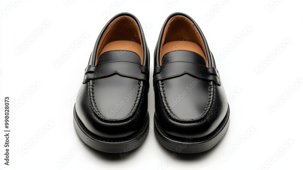 Sleek black leather loafers with penny strap detail isolated on a white background classic and timeless Sleek black leather loafers with penny strap detail isolated on a white background classic and timeless