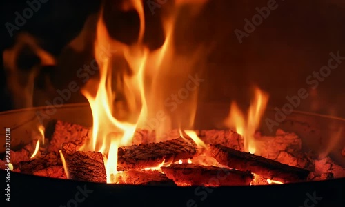 charcoal grill with bright, glowing coals and flickering flames rising, emphasizing the intense heat. photo