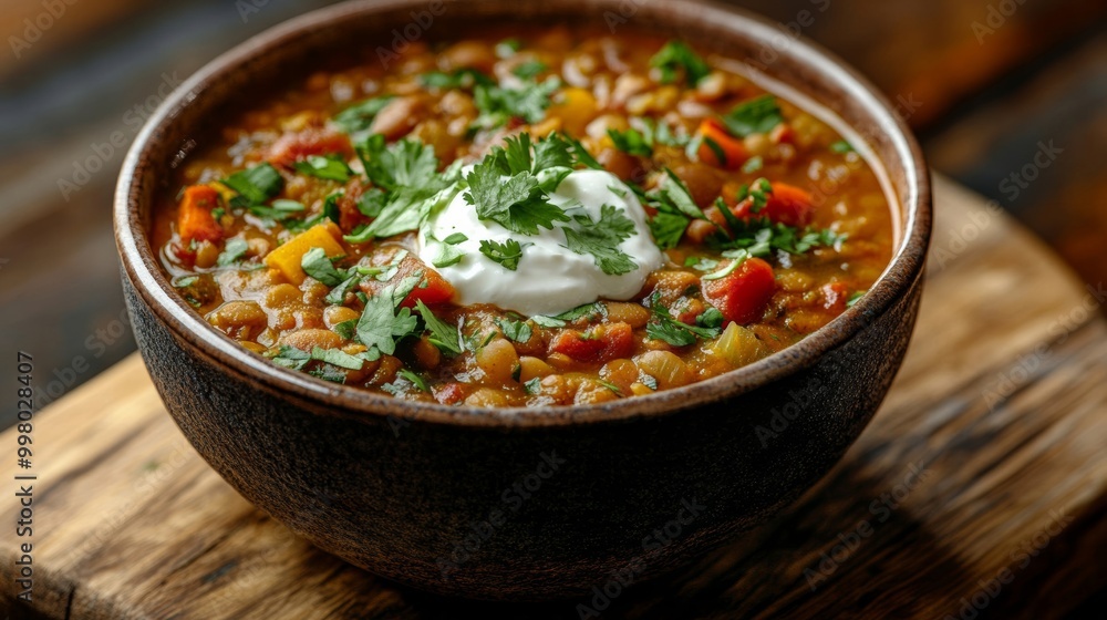 Spiced lentil and vegetable winter soup with a dollop of yogurt and cilantro, served in a deep ceramic bowl on a wooden board hearty and nutritious Spiced lentil and vegetable winter soup with a dollop of yogurt and cilantro, served in a deep ceramic bowl on a wooden board hearty and nutritious