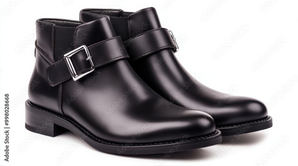Stylish black leather ankle boots with silver buckles isolated on a white background Stylish black leather ankle boots with silver buckles isolated on a white background