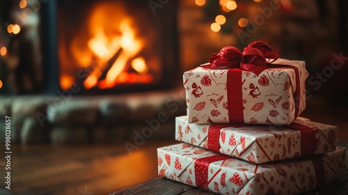 Stack of Christmas gifts with colorful wrapping and bows placed next to a roaring fireplace, soft glow, festive atmosphere 