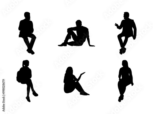 Set of People Seated Outdoor Silhouette in various poses isolated on white background