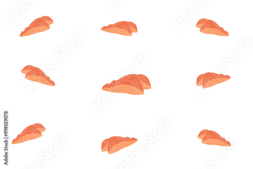 Salmon fish pattern design isolated on white background. Vector illustration in cartoon flat style. Seafood icon. Salmon fish and sliced of salmon fillet steak illustration.